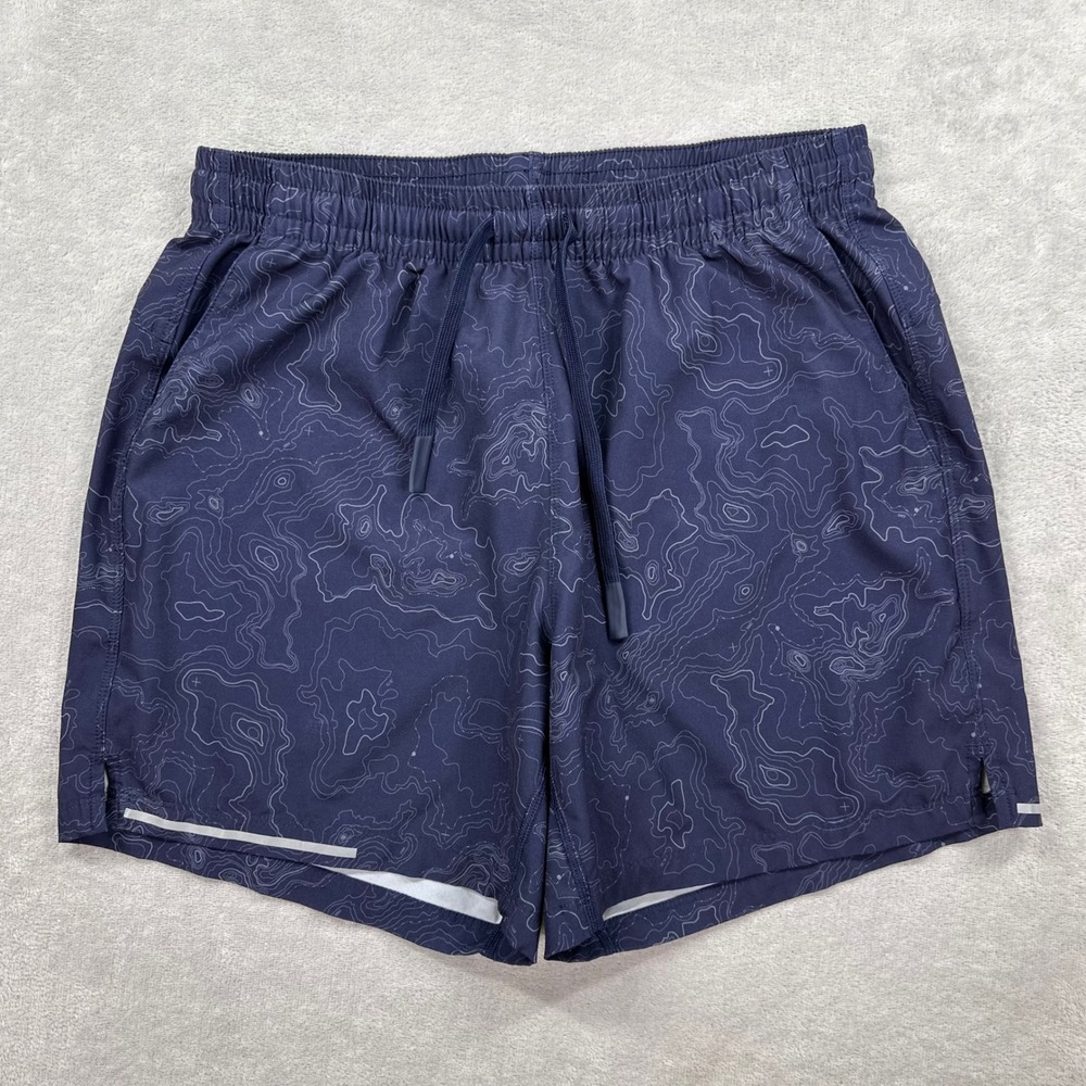 Bearbottom Running Shorts Mens M Navy Topo Map Print 5.5 Inseam Athletic Stretch
